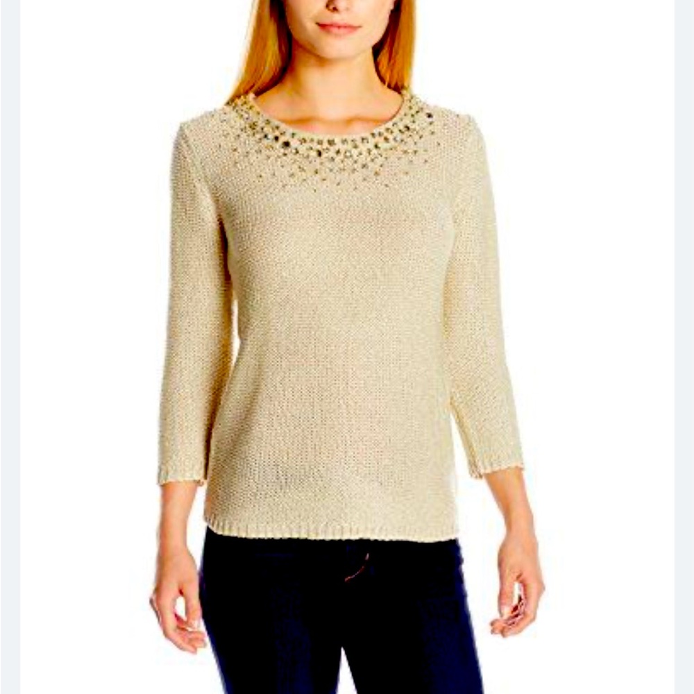 Ruby Rd. Women’s NWT Petite Embellished Scoop-Neck Metallic Sweater size…